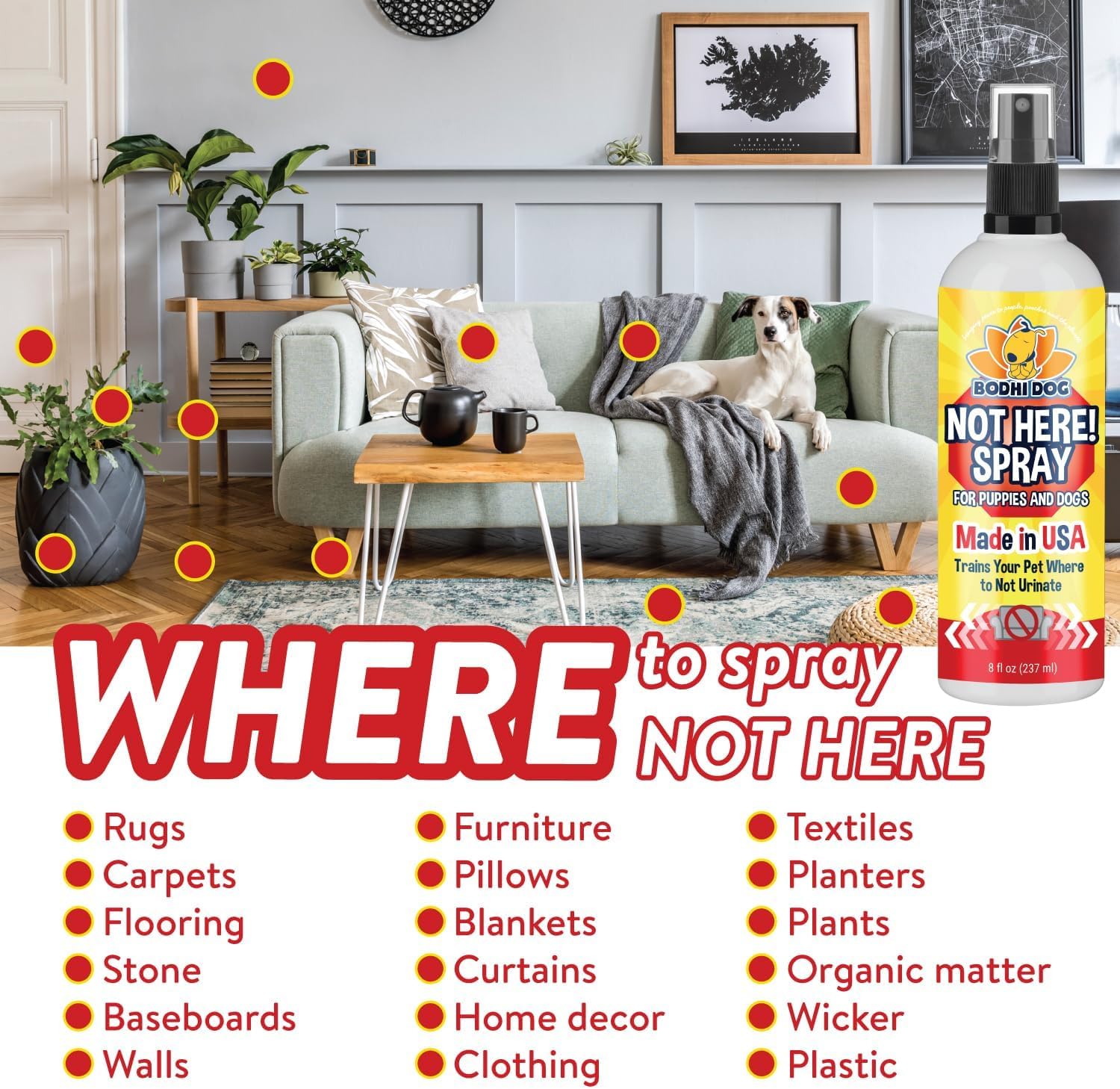 Bodhi Dog Not Here! Spray packaging highlights USA-made, eco-friendly practices.
