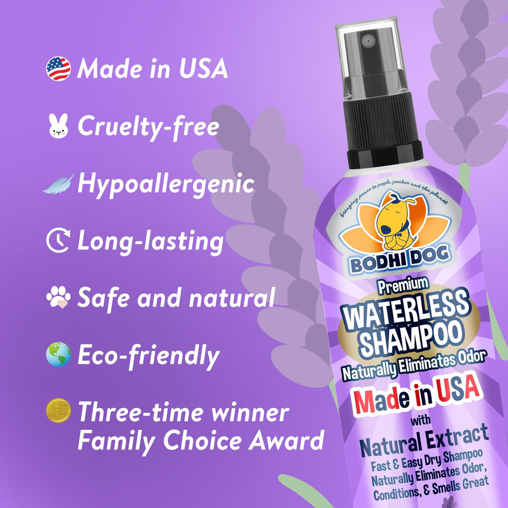 Bodhi Dog Waterless Shampoo spray application demonstrating no-rinse cleaning.