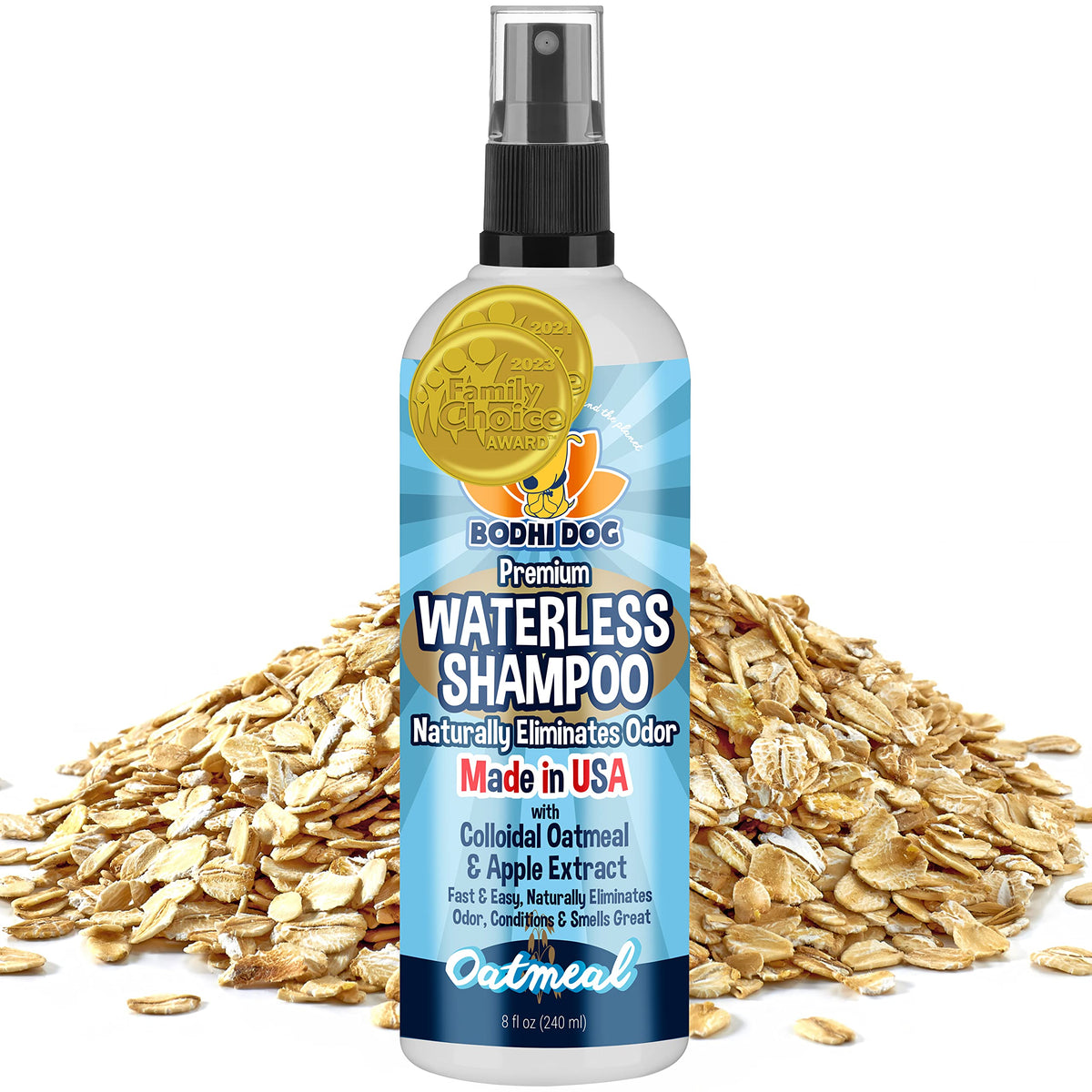 Bodhi Dog Waterless Shampoo bottle closeup for quick no-rinse cleaning.