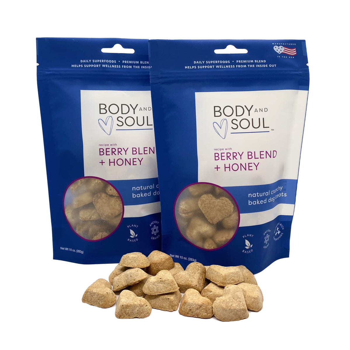 Body and Soul berry blend honey crunchy dog treats 2-pack; tasty daily reward for dogs.