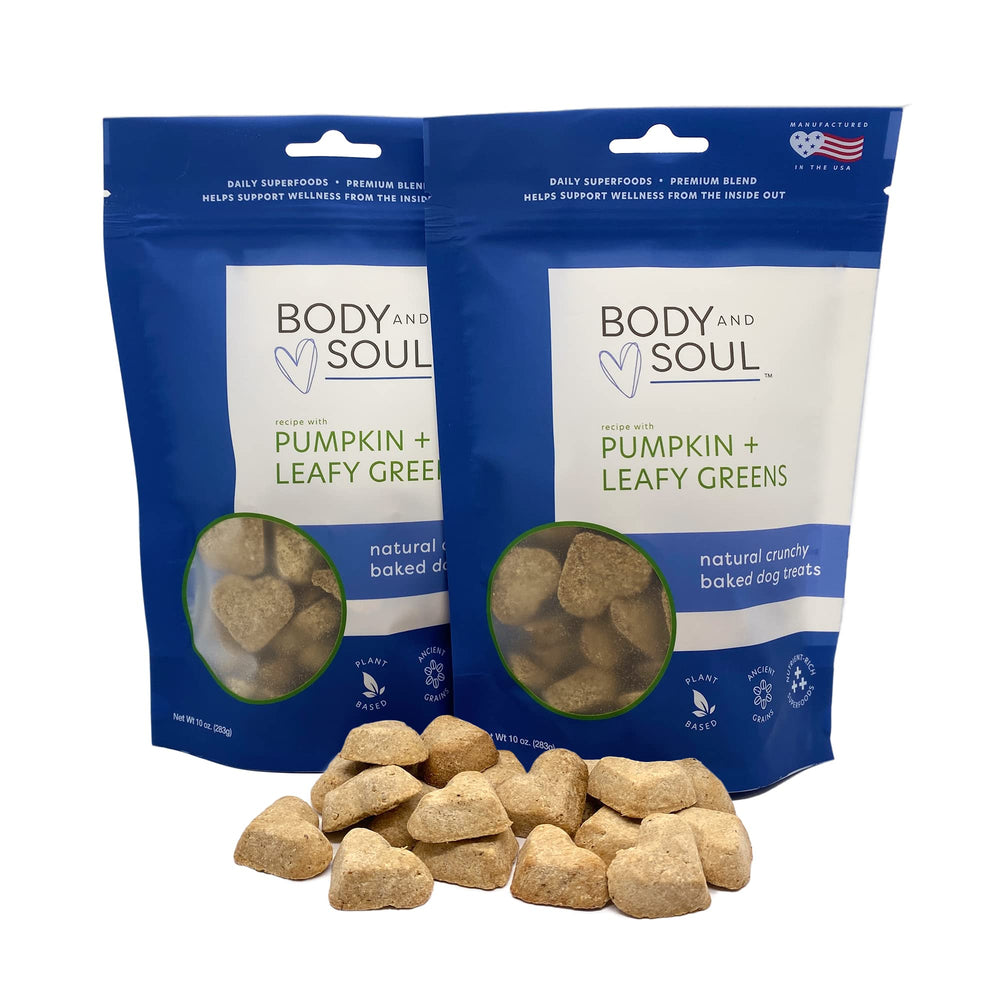 Body and Soul pumpkin-leafy-greens treat front showcases immune-supporting, crunchy goodness.