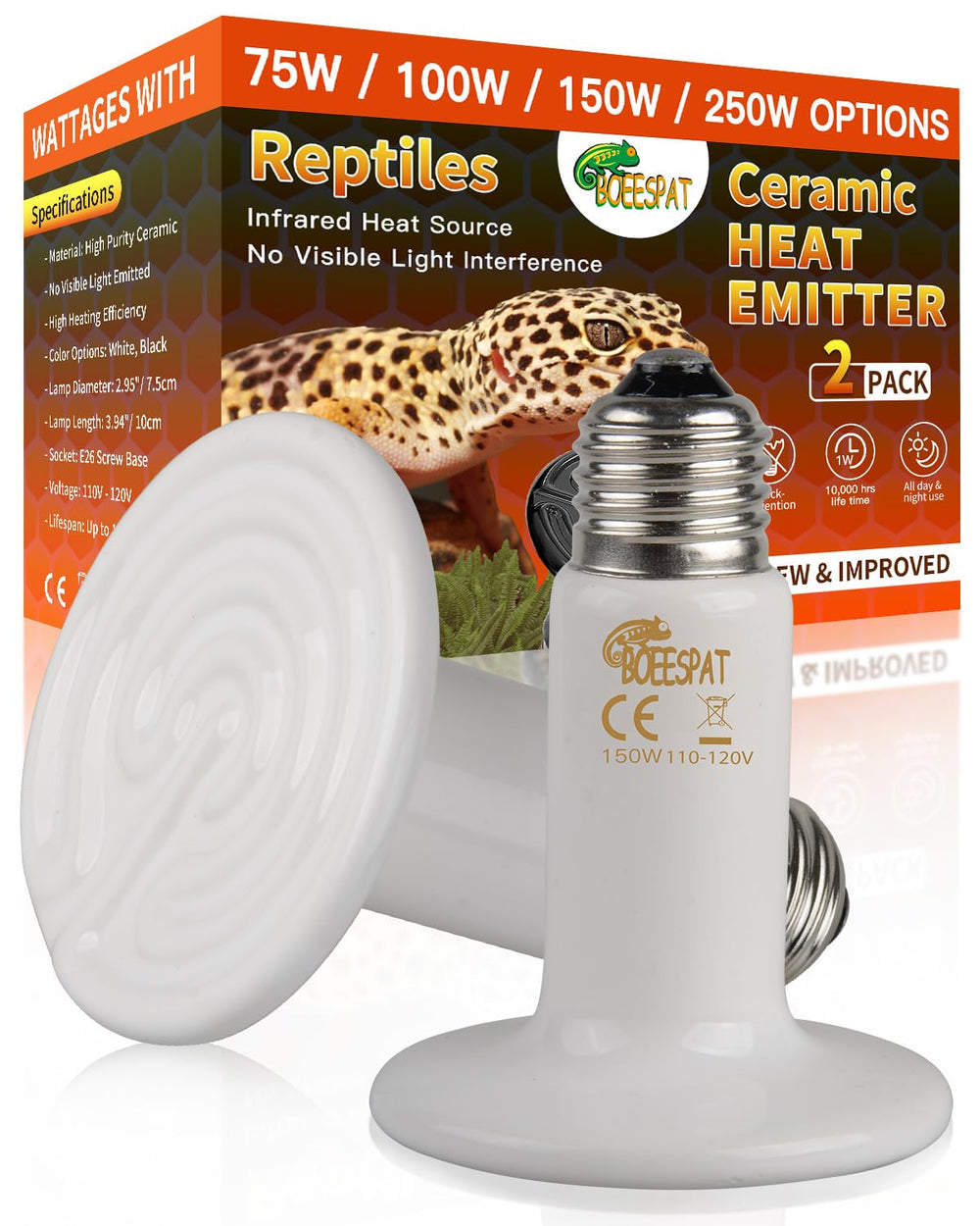 BOEESPAT 150W ceramic heat lamp 2-pack provides steady warmth for reptile enclosures.