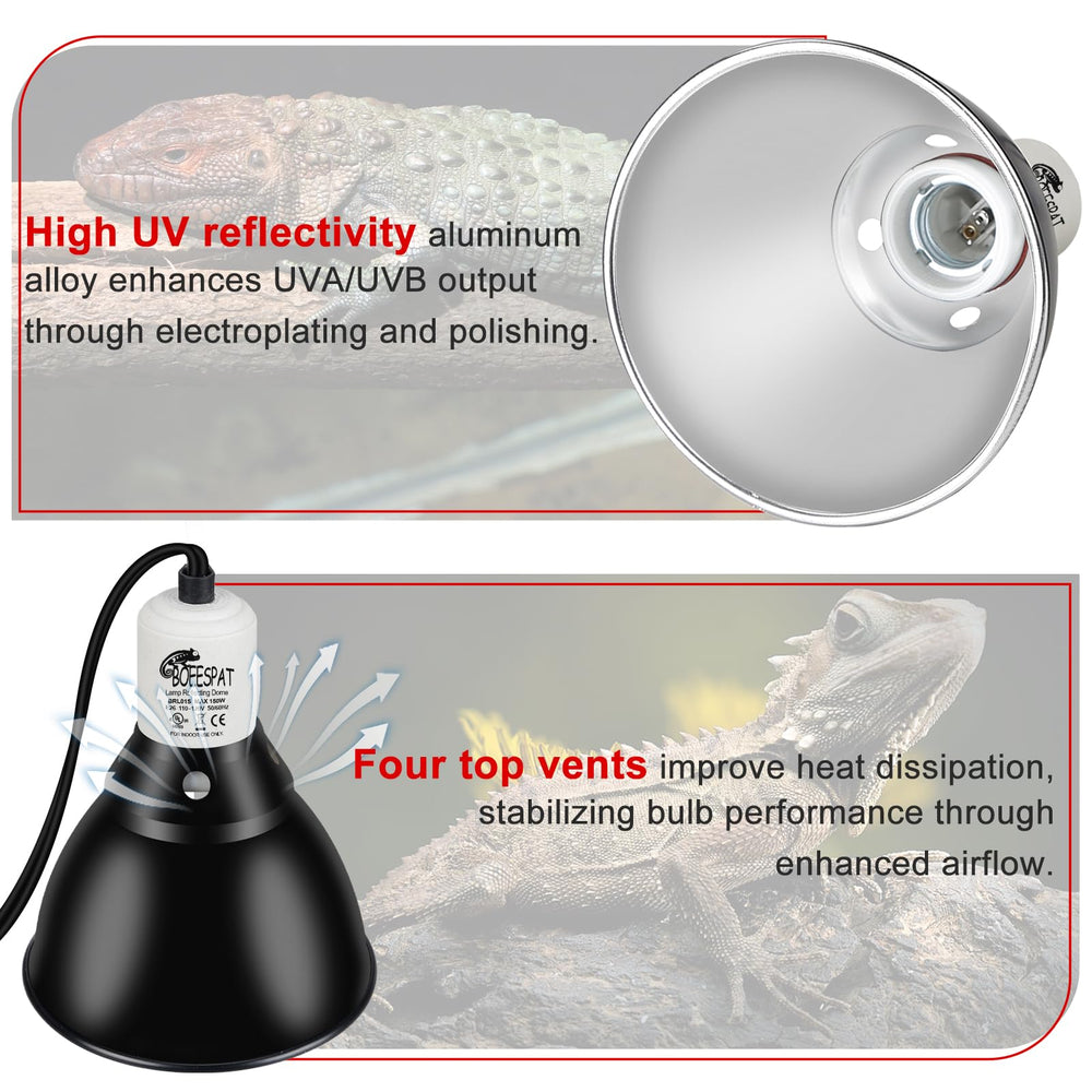 BOEESPAT deep-dome lamp assembly with reflective interior for UVB efficiency.
