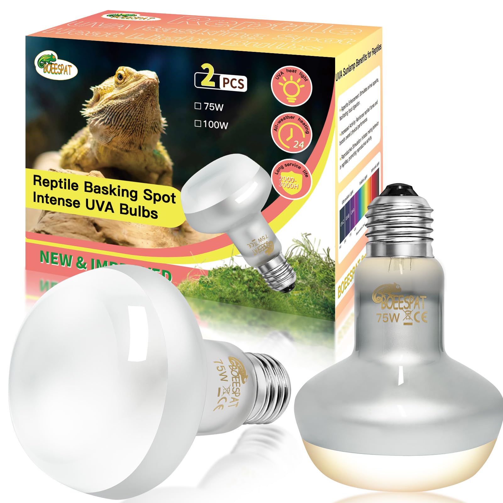 BOEESPAT Intense 75W UVA Daylight Heat Lamp Bulb creates a warm basking spot for natural reptile behaviors.