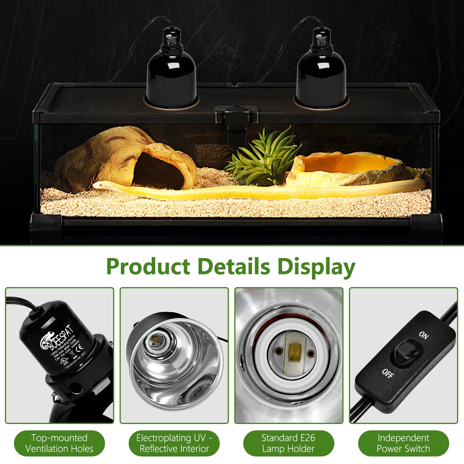 BOEESPAT Reptile Light Fixture top vent holes for efficient heat dissipation