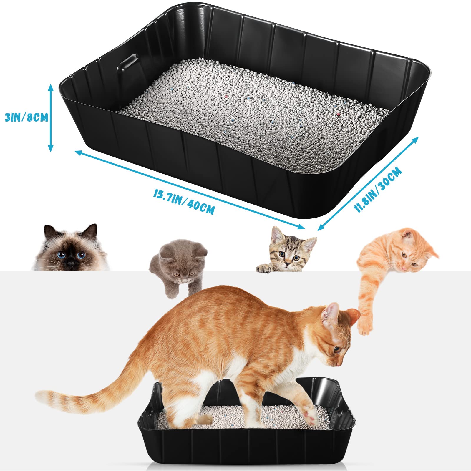 Bokon disposable litter boxes illustrate 15.7 x 11.8 inches, suitable for most cats.