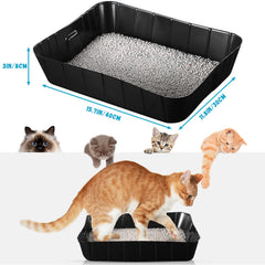 Bokon disposable litter boxes illustrate 15.7 x 11.8 inches, suitable for most cats.