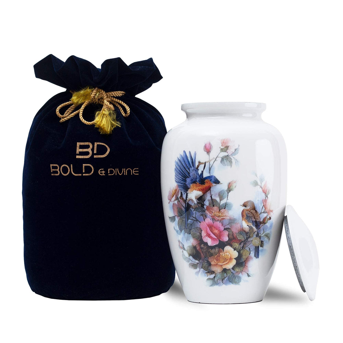BOLD & DIVINE birds-floral-urn-closeup-engraving showcases craftsmanship for a dignified memorial.