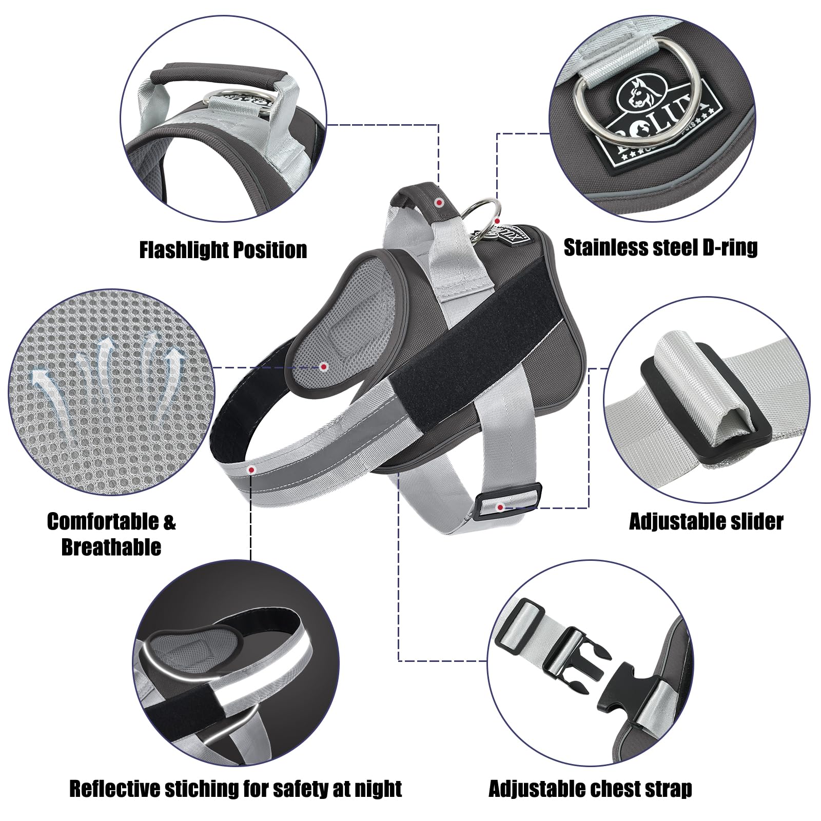 Bolux dog harness adjustable chest strap ensuring snug growth-friendly fit.