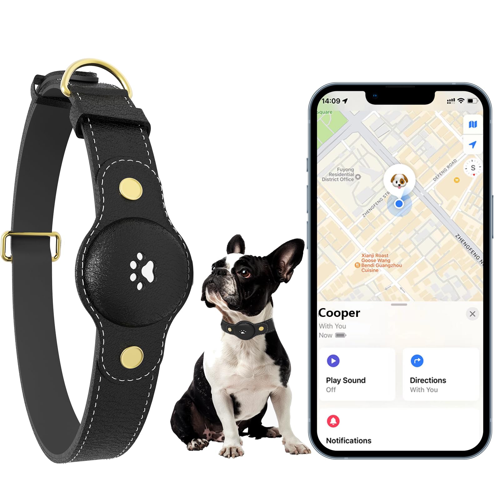 BOMERAHE GPS tracker dog collar front view showing rugged daily-use design for safety