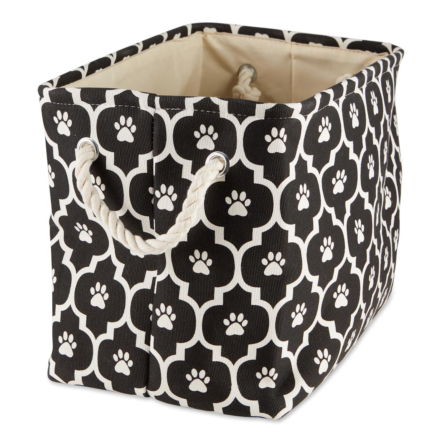 Bone Dry 6192 lattice paw print bin front view shows stylish, durable pet toy storage.