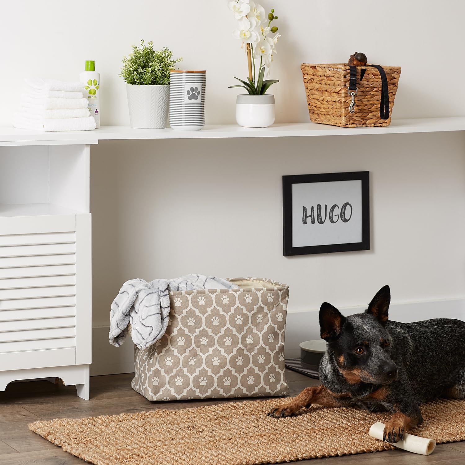 Bone Dry 6192 bin used for blankets, outfits, and grooming supplies