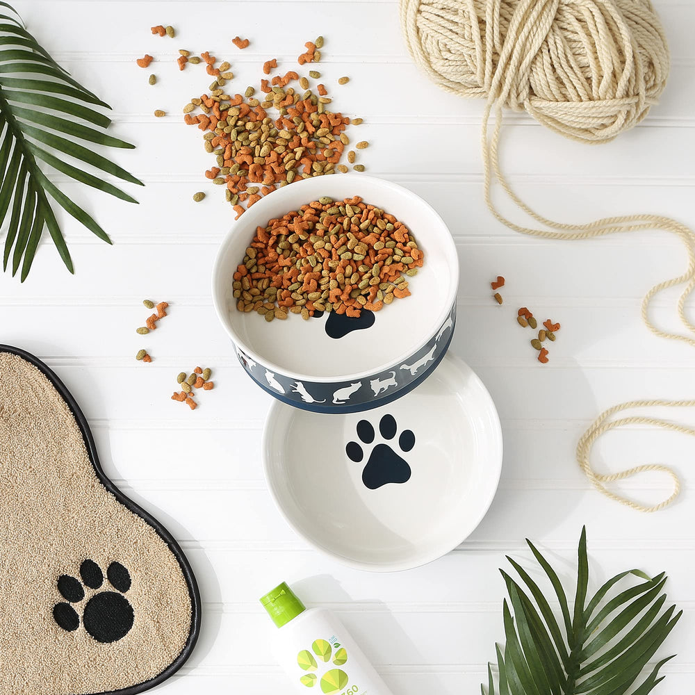 Bone Dry navy dishwasher-safe ceramic cat bowls for easy cleanup