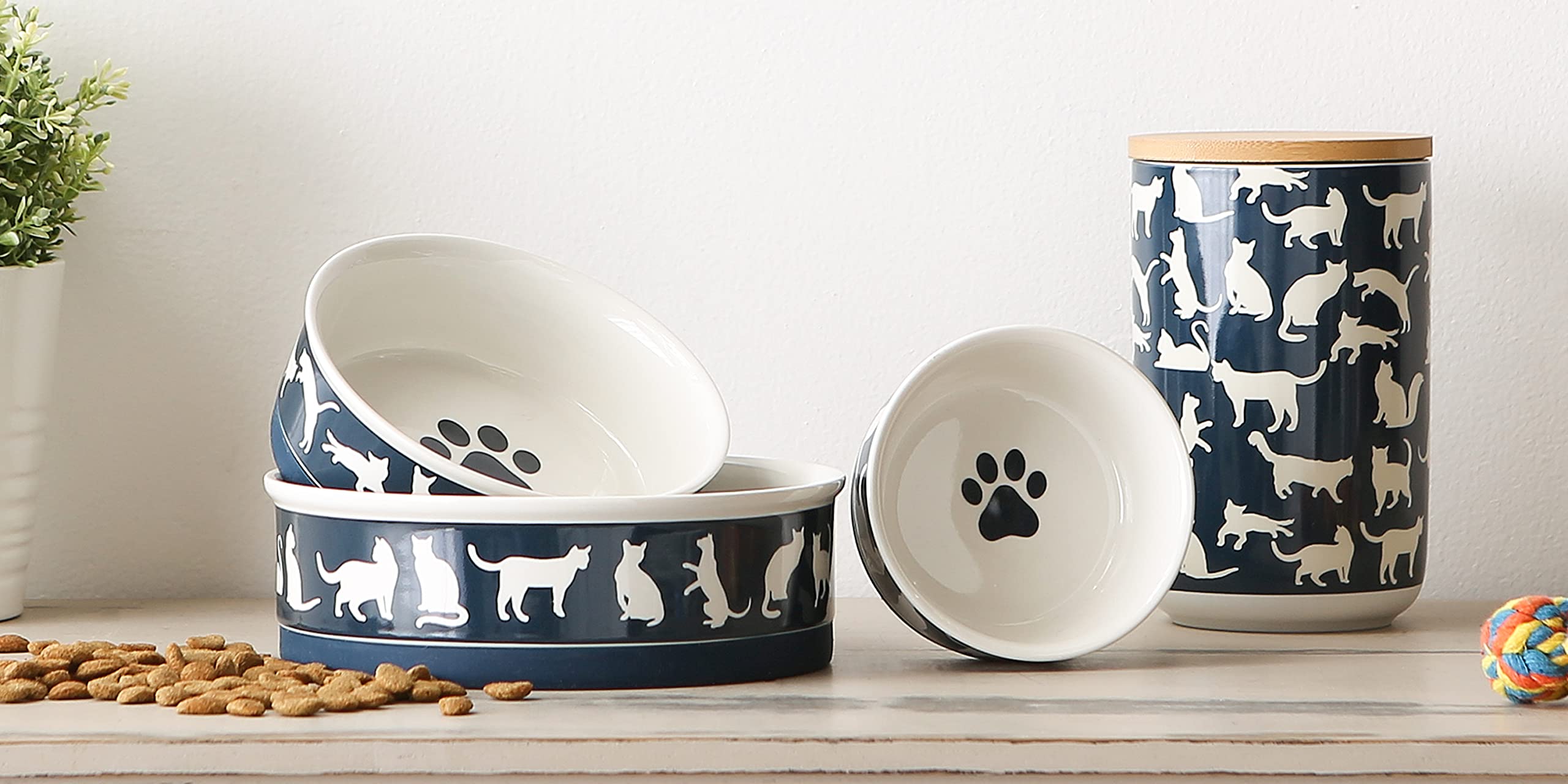 Bone Dry navy lattice-design ceramic cat bowls add style to kitchen