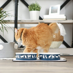 Bone Dry non-slip base on navy ceramic cat bowl to prevent sliding