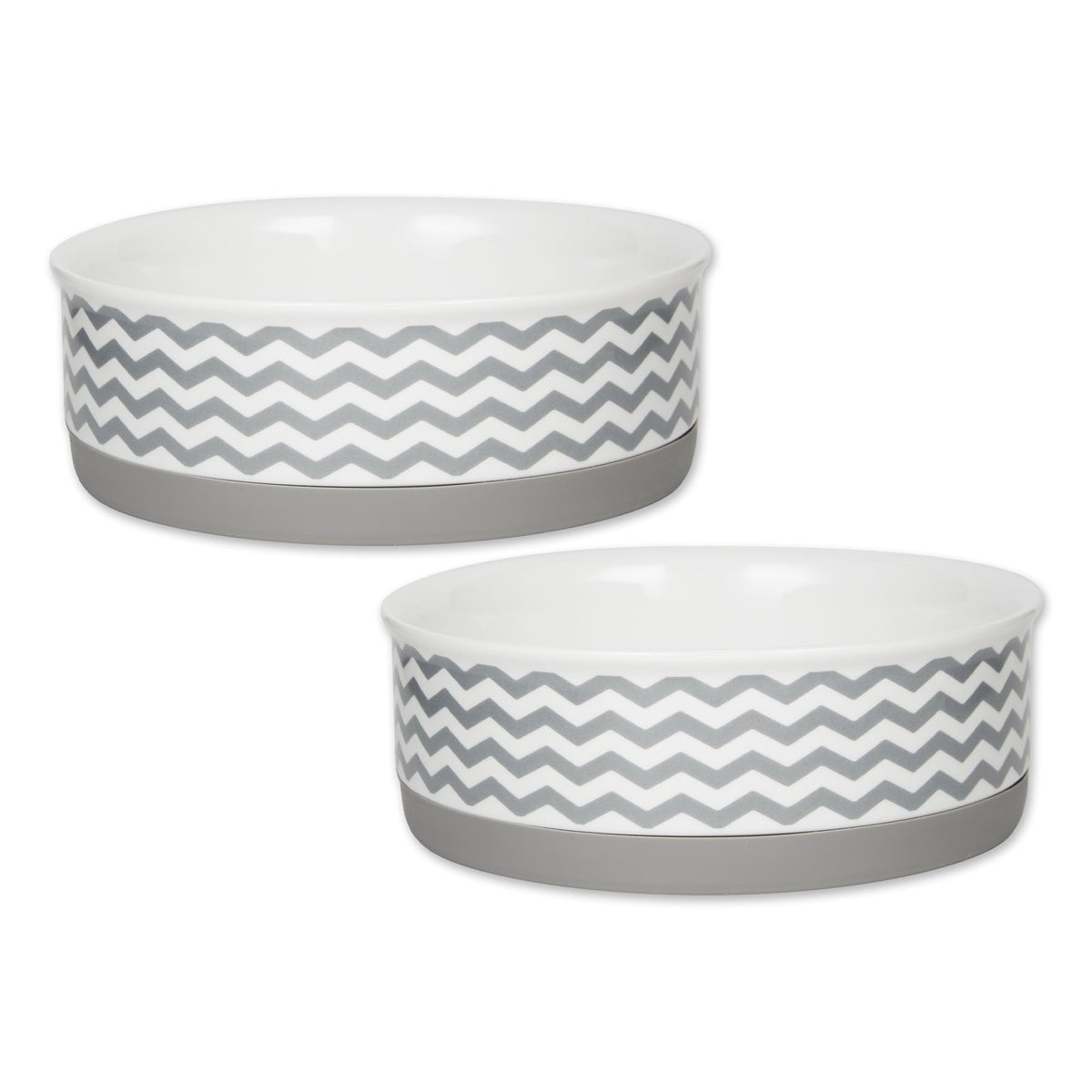 Bone Dry ceramic pet bowls in chevron gray with non-slip base for tidy meals