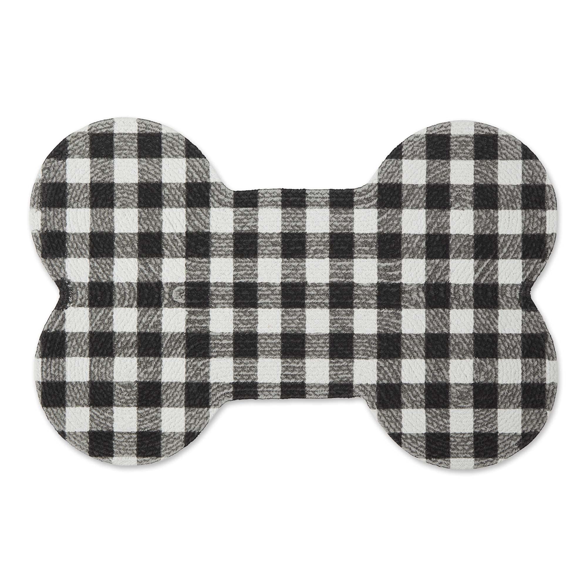 Bone Dry DII braided pet mat, bone shape, black/white buffalo check protects floors from spills.