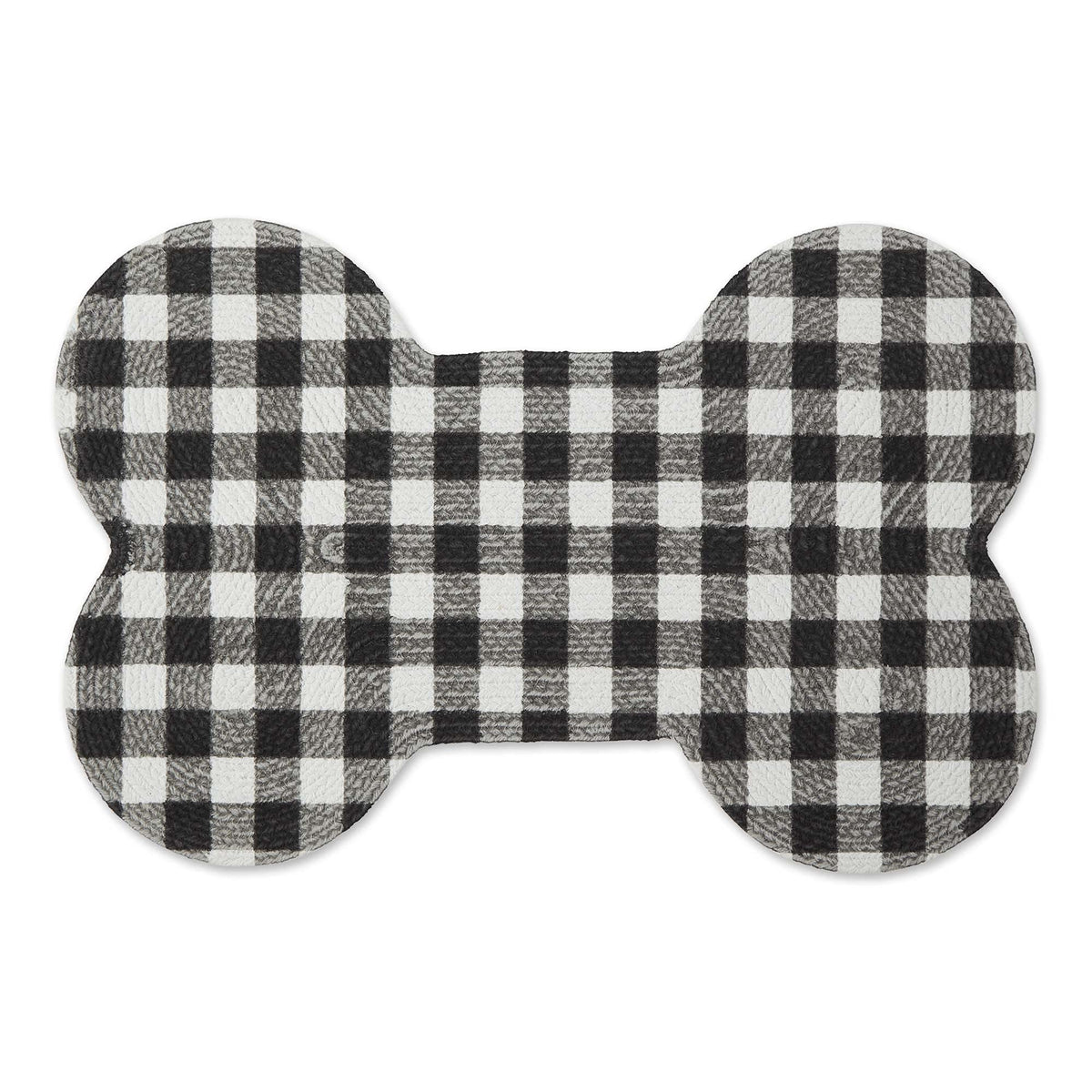 Bone Dry DII braided pet mat, bone shape, black/white buffalo check protects floors from spills.