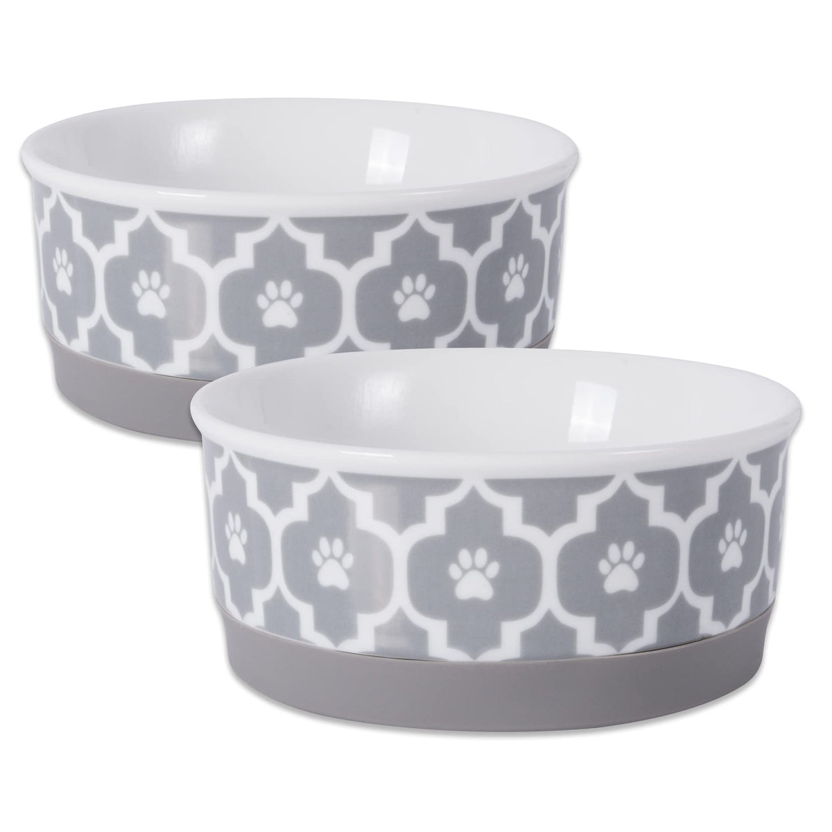 Bone Dry lattice gray set front shows two non-slip bowls for mess-free meals.