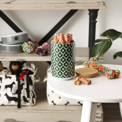 Bone Dry lattice ceramic canister closeup highlights dishwasher-safe features.