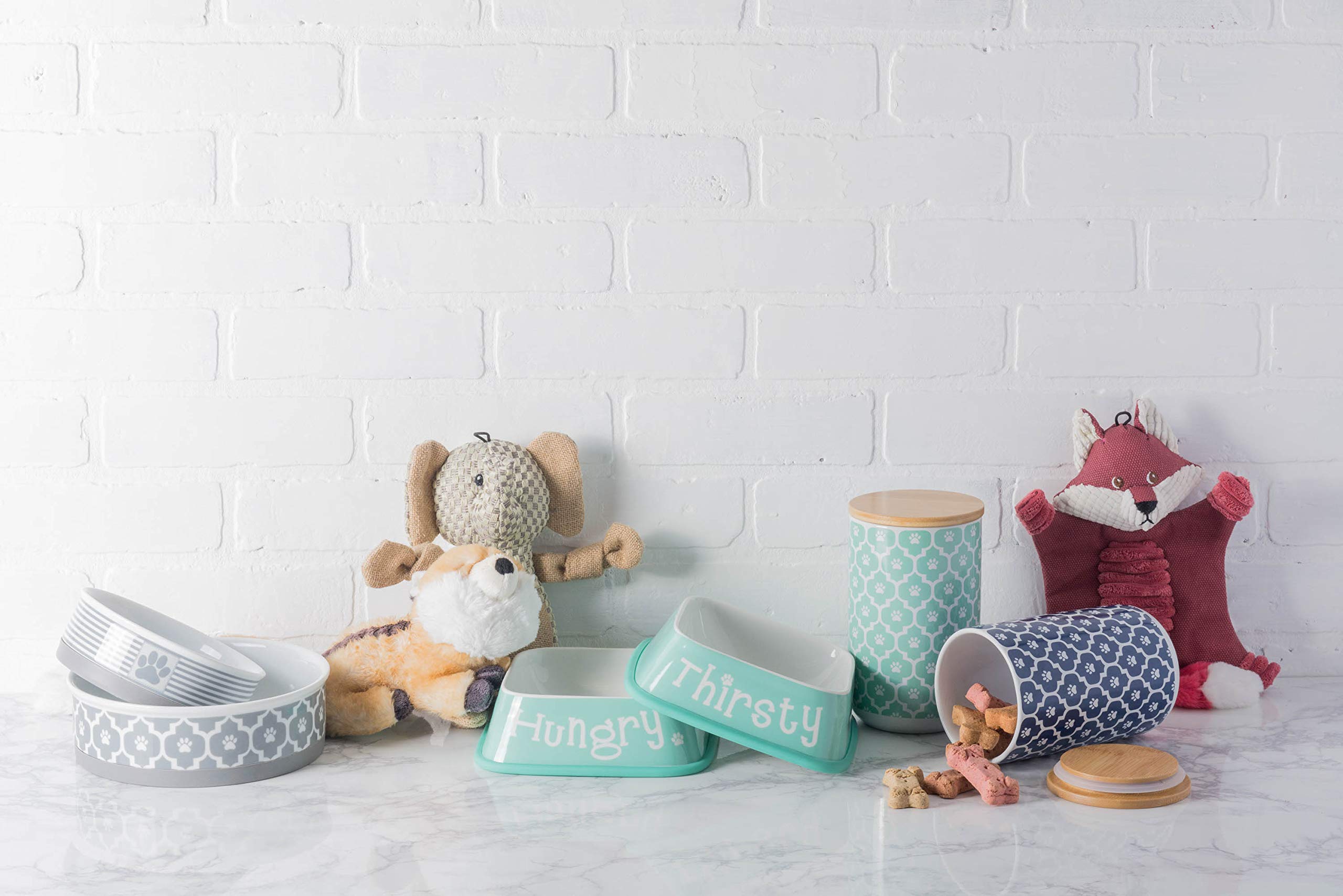 Gift-ready Bone Dry lattice canister in nautical blue on countertops.