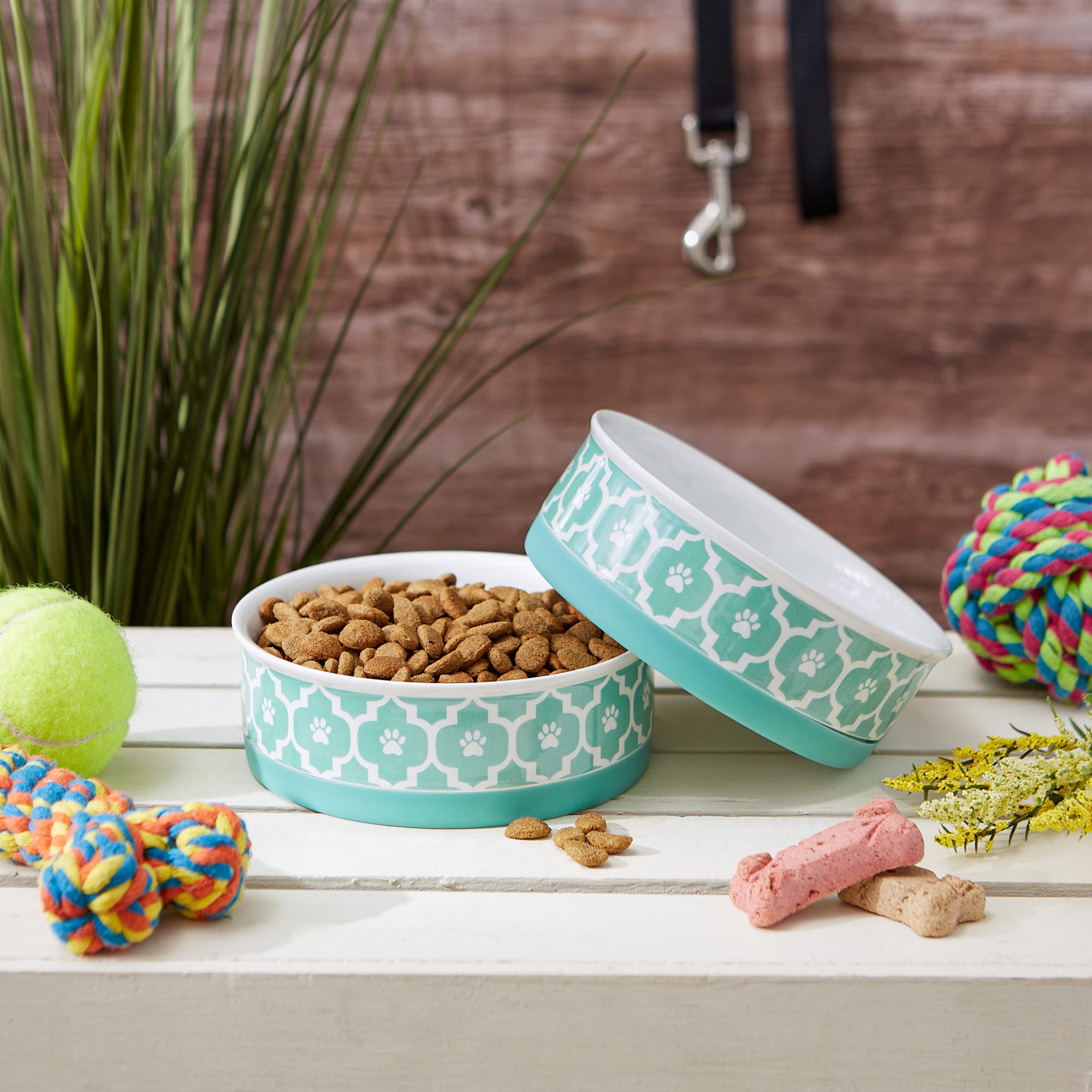 Bone Dry lattice canister in aqua complements kitchen storage.