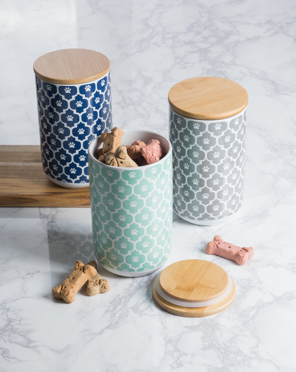 Kitchen scene with Bone Dry lattice pet bowl and canister set.