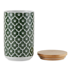 Bone Dry Lattice treat canister in hunter green keeps treats organized.