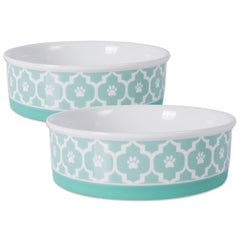 Bone Dry paw-print-bowl lattice closeup aqua highlights durable porcelain finish for everyday meals.