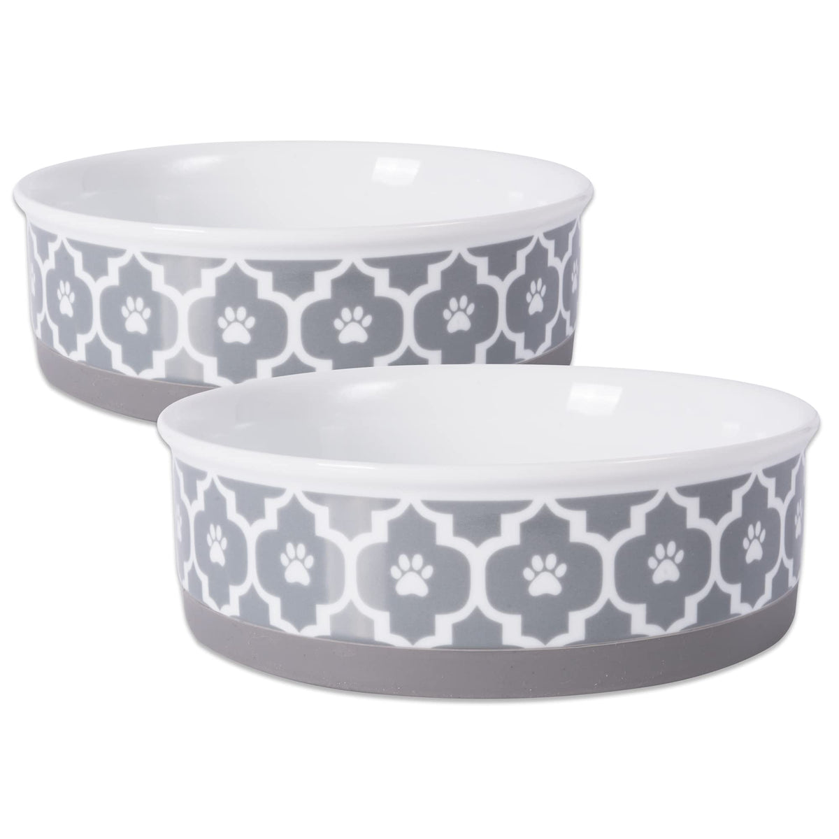 Bone Dry paw print bowl lattice large gray 2-count shown with non-slip silicone rim for steady meals.