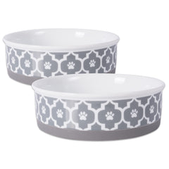 Bone Dry paw print bowl lattice large gray 2-count shown with non-slip silicone rim for steady meals.