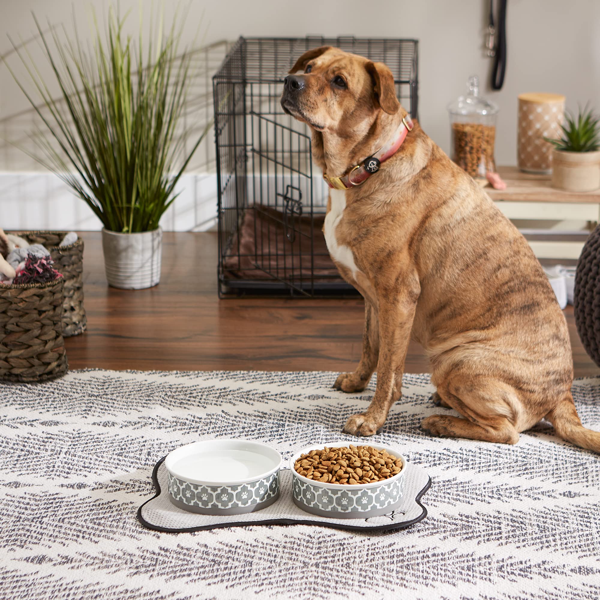 Bone Dry paw print bowl lattice gray set demonstrates non-slip rim to reduce floor mess.