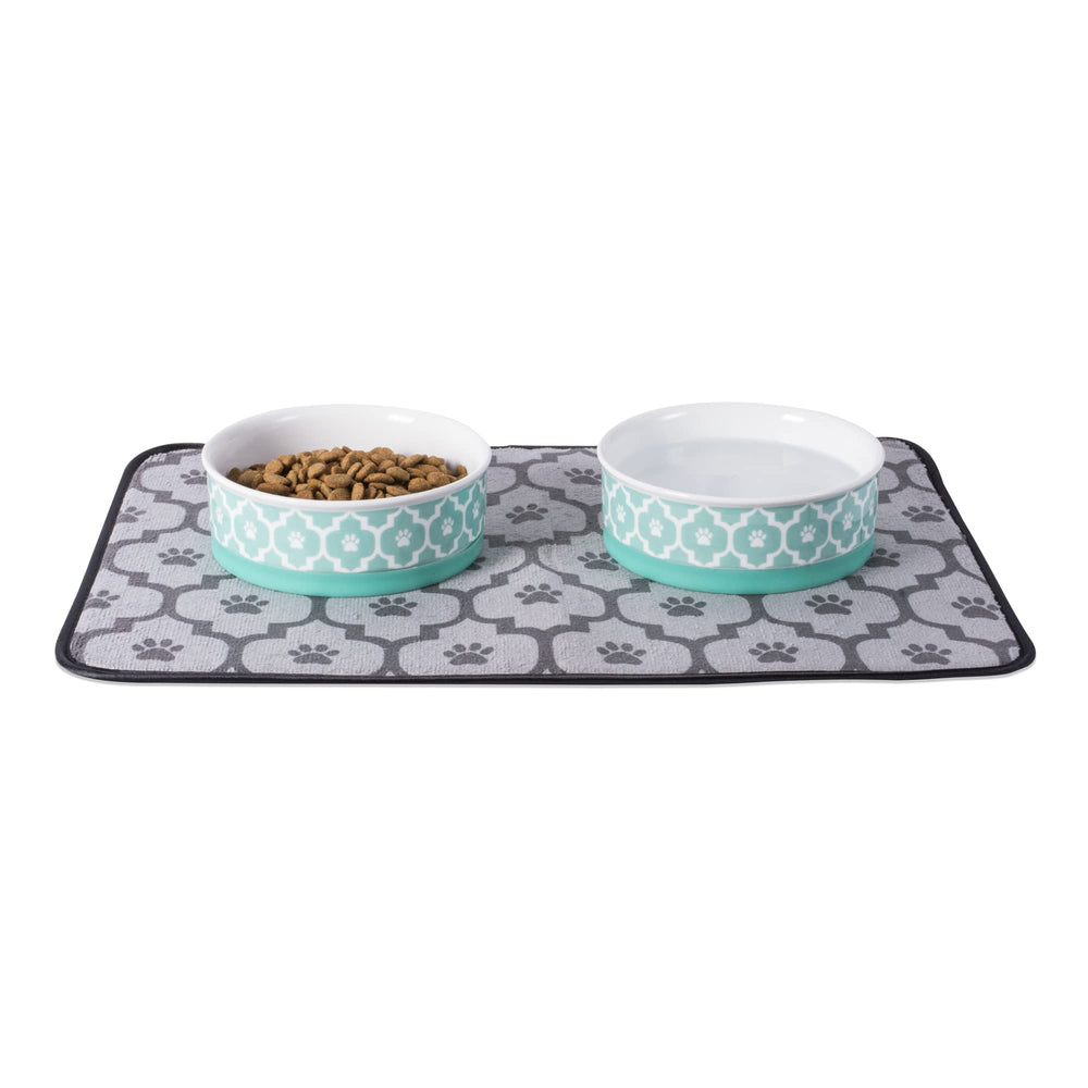 Bone Dry lattice-pattern aqua bowl closeup emphasizes stylish design for pet mealtime.