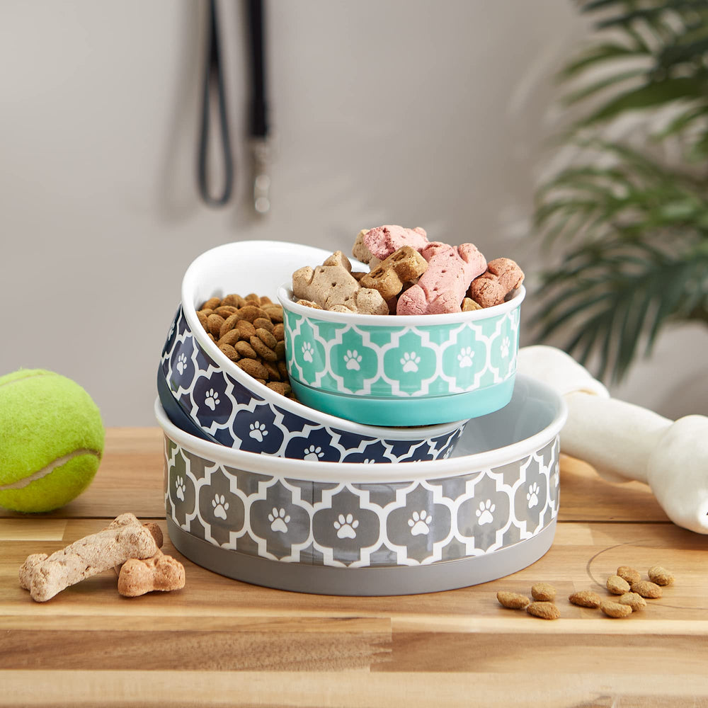 Bone Dry paw-print lattice bowl packaging suggests ready-to-use gift-ready pet dish.