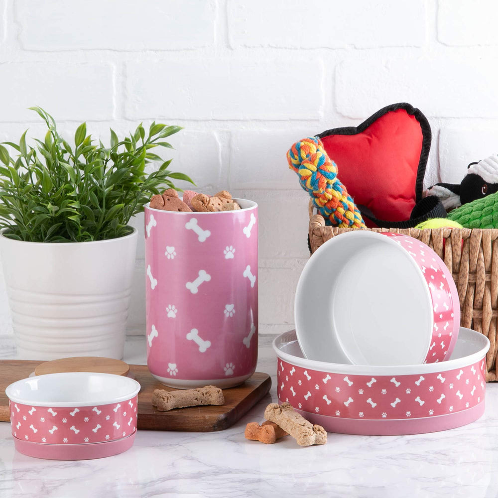 Bone Dry pawprint design adds charm to meals.