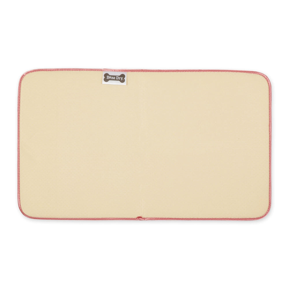 Bone Dry pet mat 14x24 size protects floors around bowls.