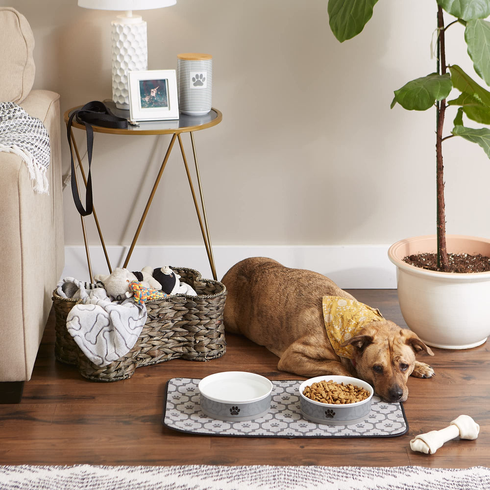Bone Dry gray lattice color options show stylish, practical pet dining mats.