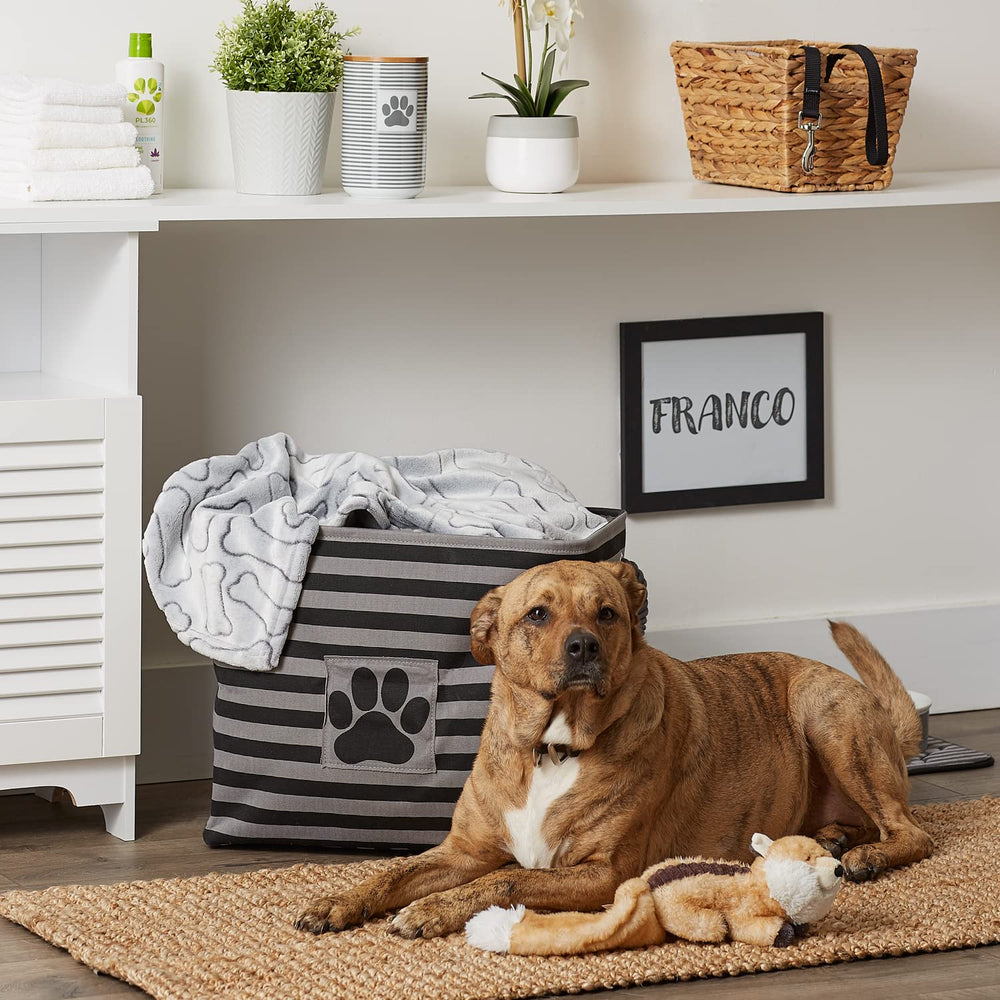 Bone Dry pet storage bin striped paw patch black in-room setup demonstrates decor-friendly organization.