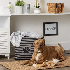 Bone Dry pet storage bin striped paw patch black in-room setup demonstrates decor-friendly organization.