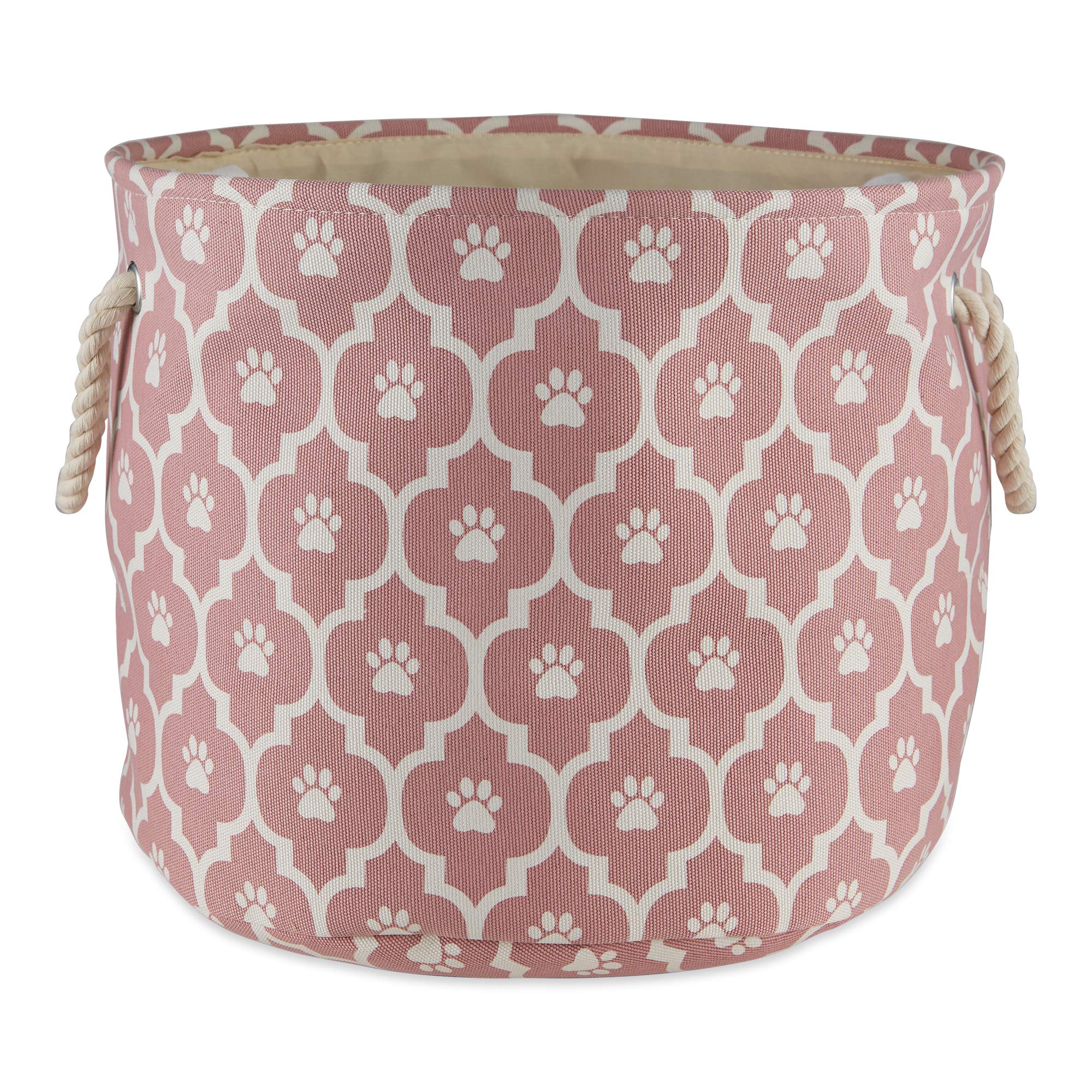 Bone Dry pet storage collection lattice paw print rose small round bin front view shows durable handles