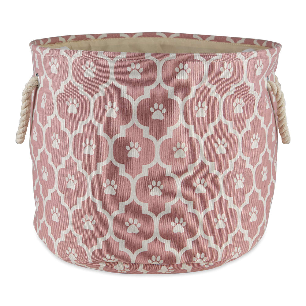 Bone Dry pet storage collection lattice paw print rose small round bin front view shows durable handles