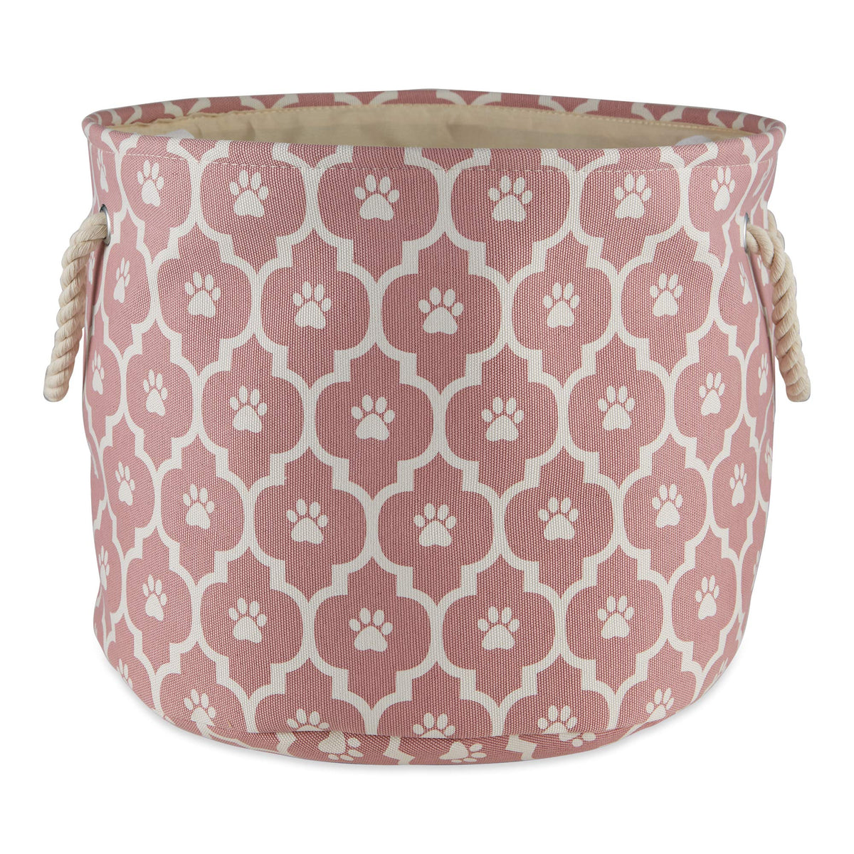 Bone Dry pet storage collection lattice paw print rose small round bin front view shows durable handles