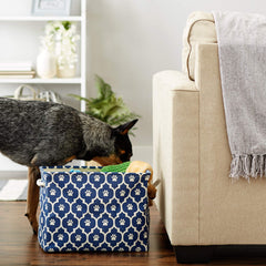 Bone Dry Pet Storage Collection Lattice Paw Print side view Nautical Blue keeps supplies neatly in reach.