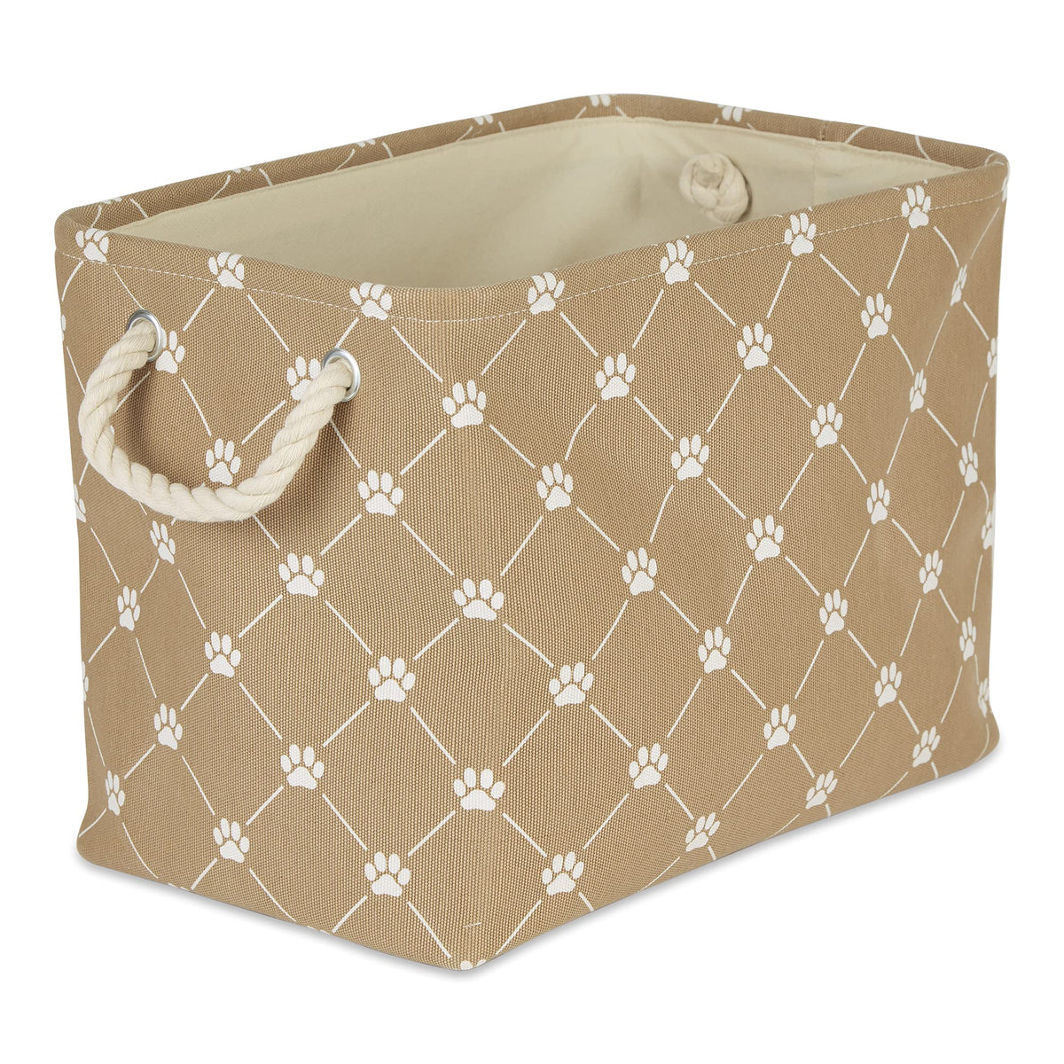 Bone Dry Trellis paw bin keeps pet toys neatly organized in taupe.