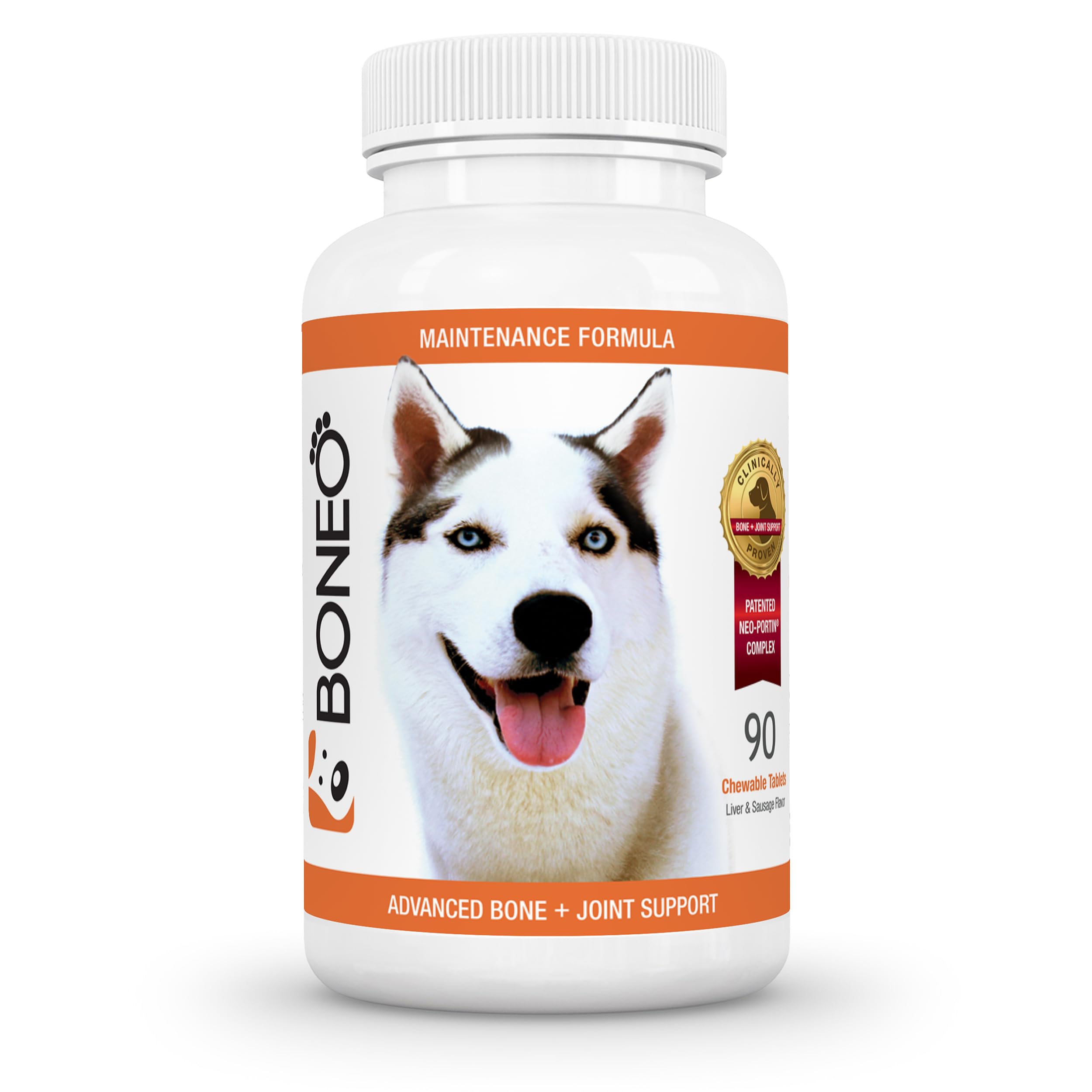 Boneo canine maintenance formula bottle front shows bone support for dogs.