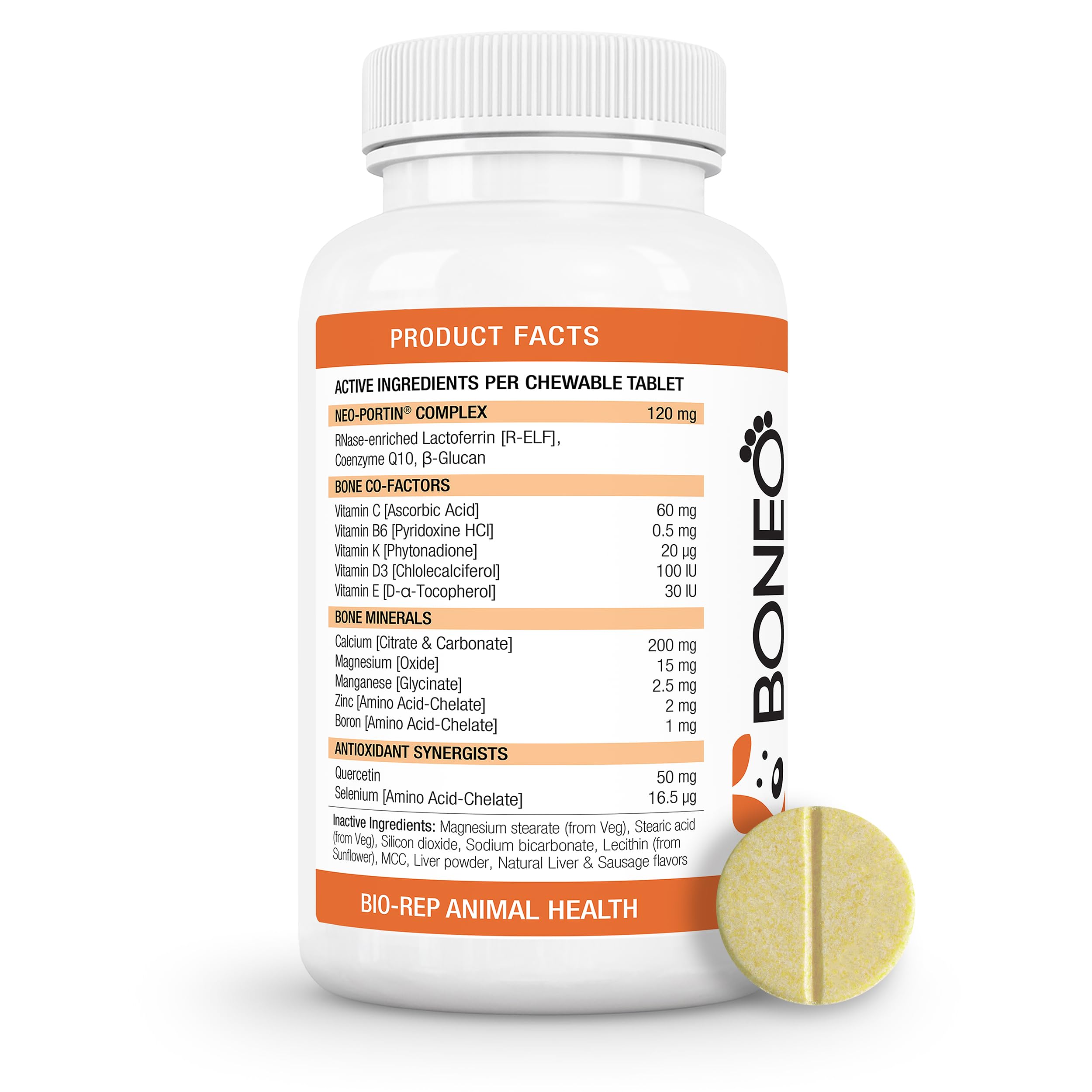 Boneo chewable tablets closeup in liver-sausage flavor for easy daily dosing.