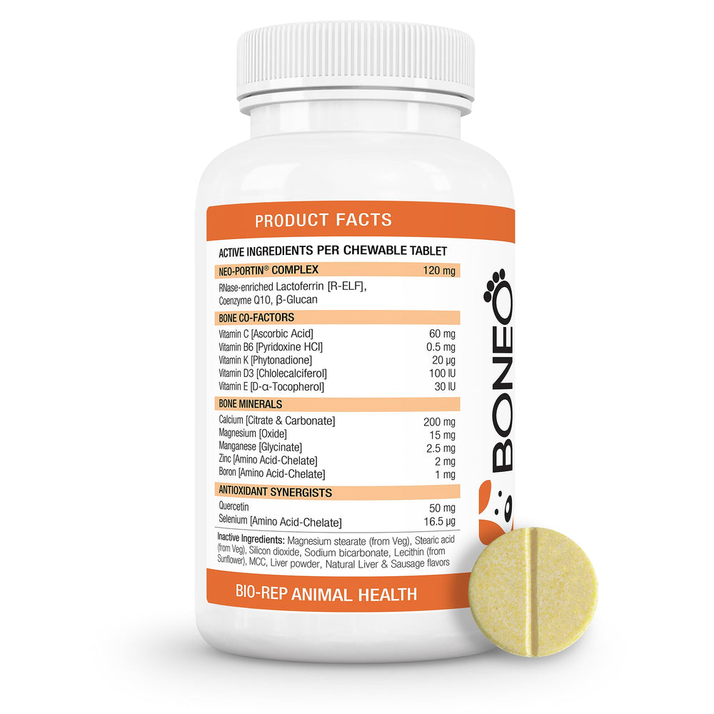 Boneo chewable tablets closeup in liver-sausage flavor for easy daily dosing.