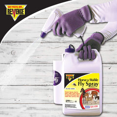 Bonide Revenge fly spray on horse coat for broad insect control.