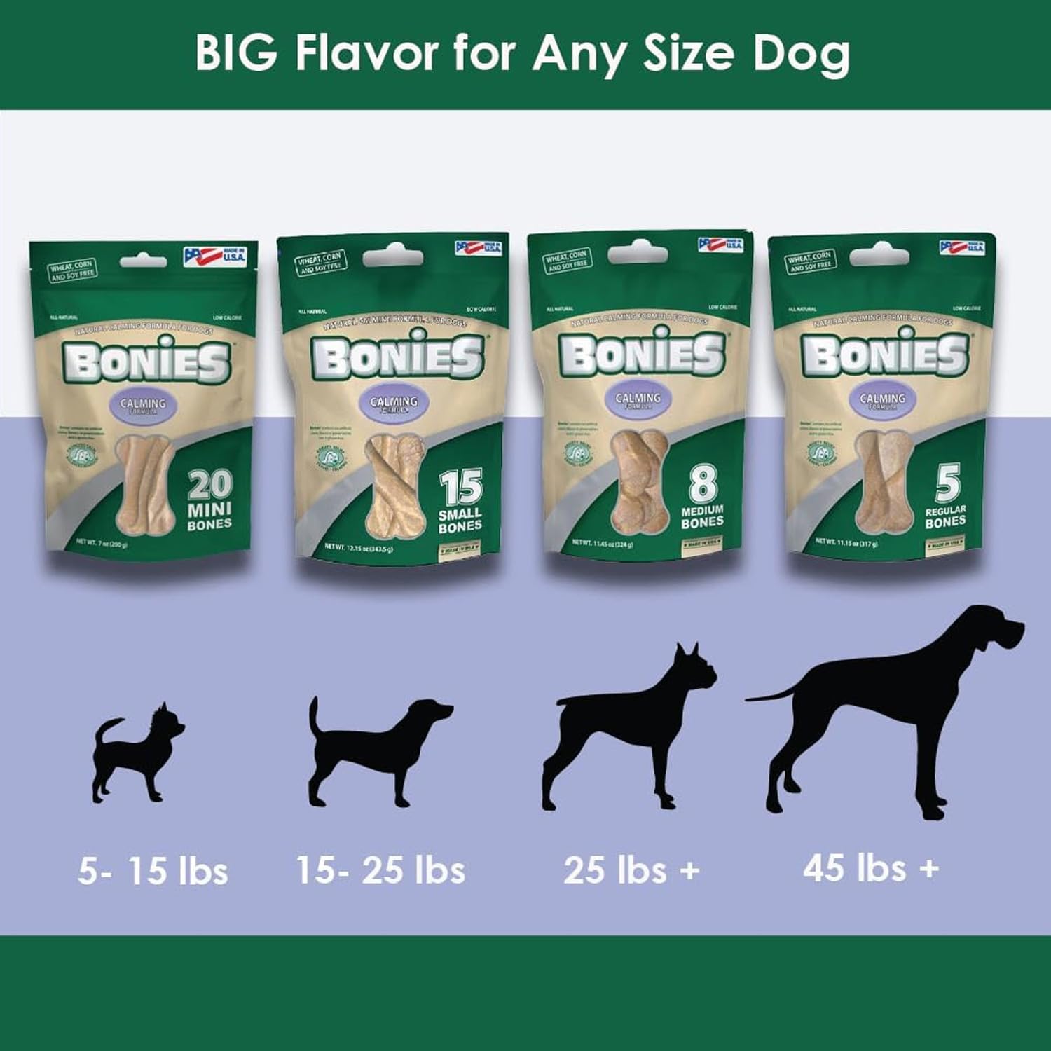 Bonies calming bone chamomile-lavender dog-reward shot highlights positive reinforcement.