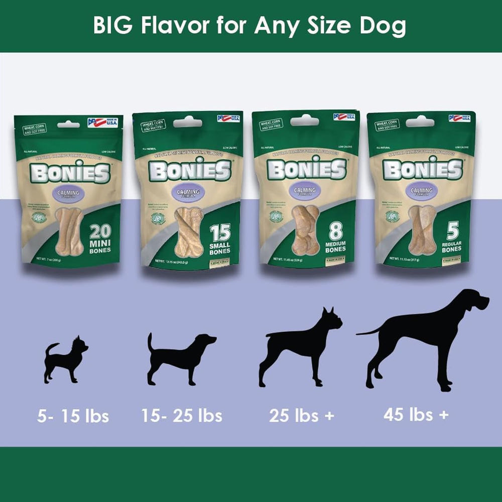 Bonies calming bone chamomile-lavender dog-reward shot highlights positive reinforcement.